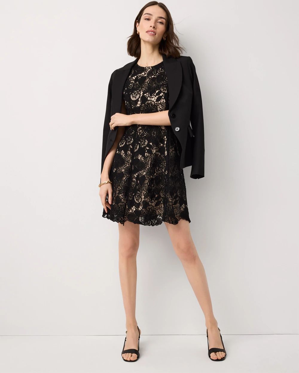 black lace fit flare dress Misook Woven Mixed Media Midi Dress